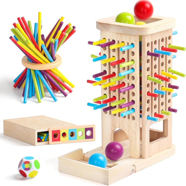 Jucarie de Lemn Montessori cu Betisoare, Joc Educational de Clasificare Culori si Balans, 40 Betisoare, 6 Bile si Zar, pentru Varste 3-6 Ani, Cadou pentru Familie