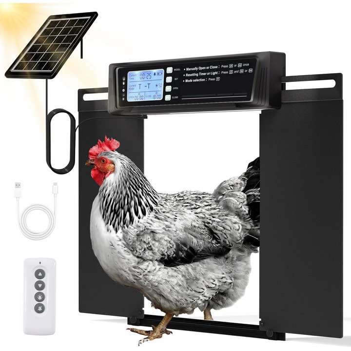Usa Automata pentru cotet pasari cu telecomanda, Bedee, energie Solara/USB, Deschidere Orizontala Extra Larga, Control Timer, Senzor Lumina, 4 moduri, din aliaj de aluminiu, negru