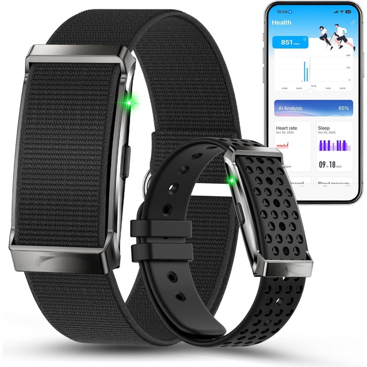 AjieQaQ® okosóra, 2 fekete szíj, Bluetooth, GPS, Android/iOS kompatibilis, 35 napos akkumulátor-üzemidő, IP68 ellenállás. Értesítések, pulzusszám, vér oxigénszintje, alvás, stressz, kalóriák, lépések, menstruációs ciklus figyelése. Pent