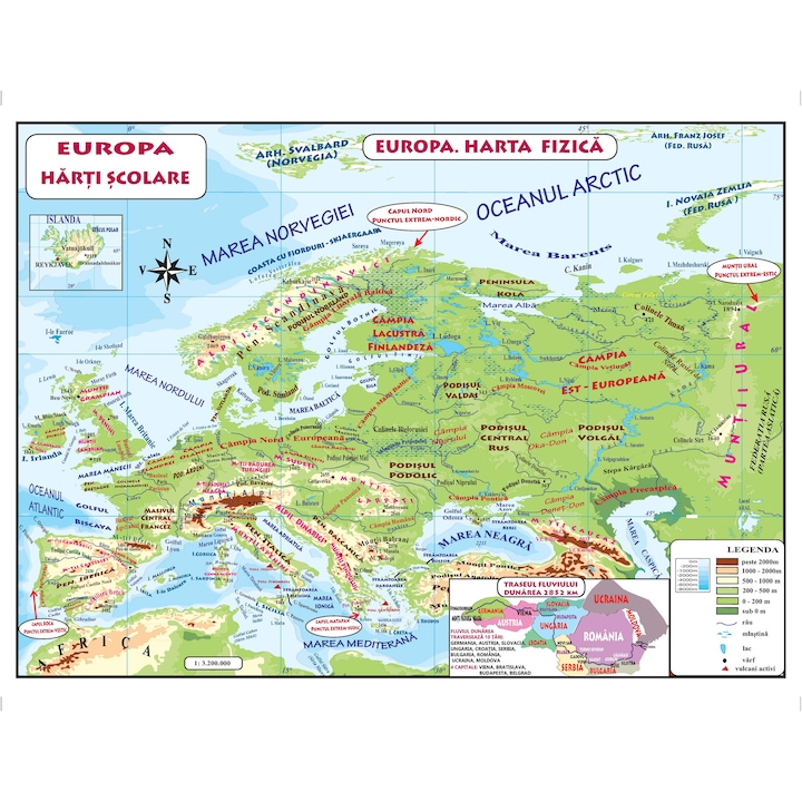 Plansa hartă fizică și politică Europa, Colibri Kids, plastifiată A4, pentru clasa a VI-a și a VII-a