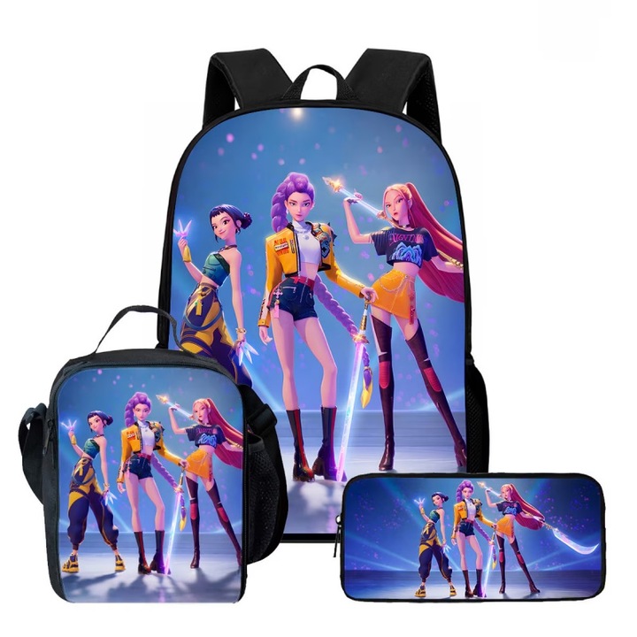 Set de ghiozdan scolar 3 piese, cu rucsac, cutie de pranz si penar, design tematic vanator de demoni in stil coreean, rezistent, anti-soc, usor si protector pentru coloana vertebrala, material Oxford/poliester, dimensiuni 29 x 16 x 42 cm, culoare mov/roz
