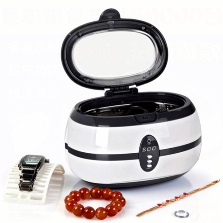 Ultrahangos tisztító 600 ml-es, előre egyeztetett időponttal és automatikus kikapcsolás három percen belül, látható, alacsony zajszintű, átlátszó felső fedél ékszerekhez, gyűrűkhöz, szemüvegekhez