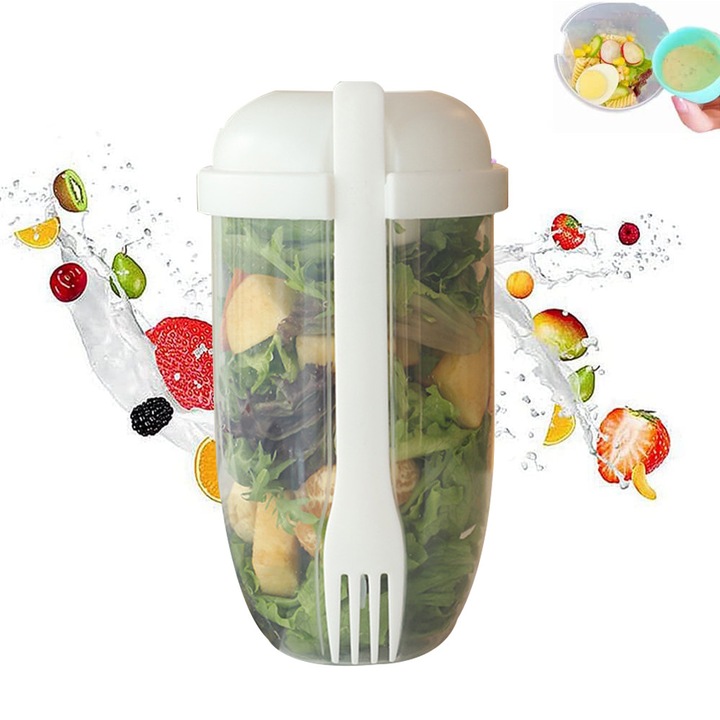 Set ustensile de bucatarie, 4 piese, bol salata cu capac si furculita, plastic, 1000ml, 6.5"x4"