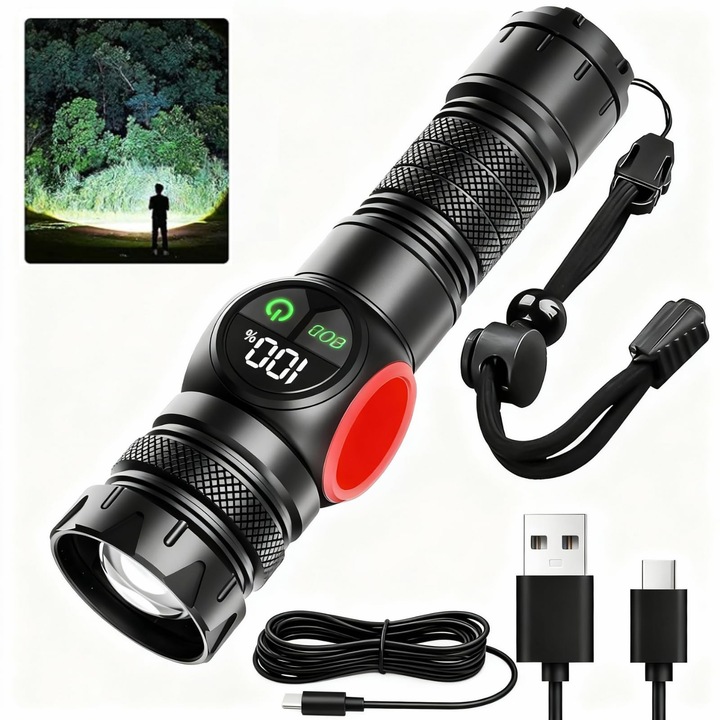 Външен фенер, Регулируем фокус, 5000mAh, 9 режима на мощност, Интензивно дълготрайно осветление, Идеален за къмпинг, туризъм, оцеляване, проучване и извънредни ситуации, IP65, Алуминиева сплав, Черен