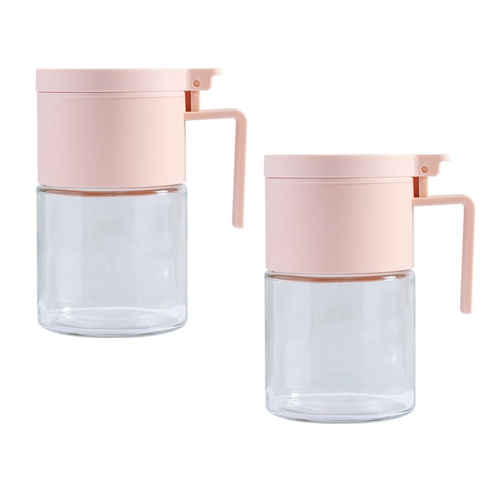 Set 2 borcane pentru condimente, din sticla, 300ml, cu linguri, rezistente la umiditate, 13x7.3cm