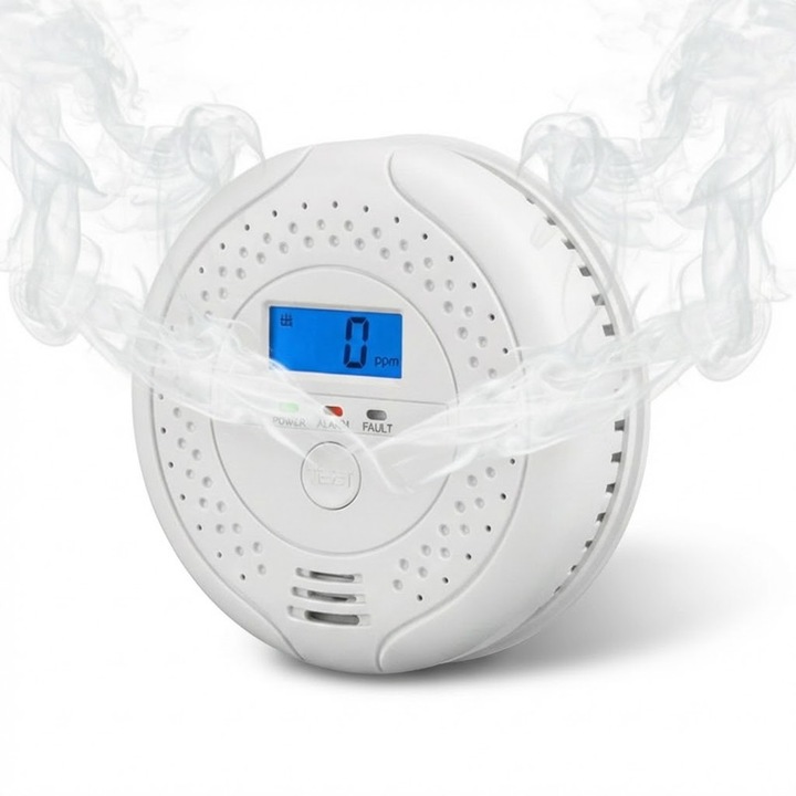 Detector de monoxid de carbon, Xiusaqio, senzor electrochimic de inalta sensibilitate, alarma sonora 85dB, design compact, 10.5x3.3cm, alb