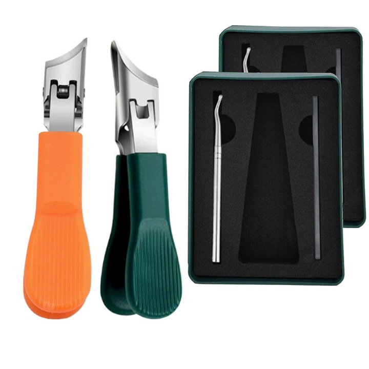 set 2 Gura larga anti-splash unghiular taietor de unghii, Varf inclinat pentru a preveni stropirea, taietor de unghii pentru unghii incarnate, unghiere curbate si ascutite, verde+portocalie