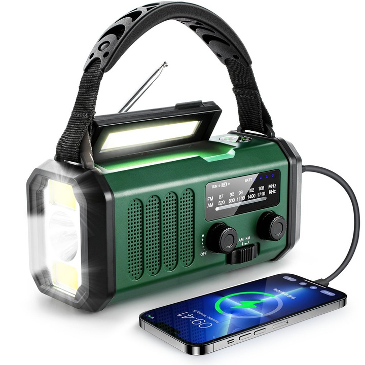 Аварийно радио с манивела, фенерче, power bank, компас, черно, 10.000mAh