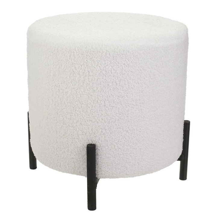 Табуретка, До 110 кг, Декоративна, Цилиндрична форма, 4 крачета, Седалка, Дърво, Метал, Полиестер, 38х40 см, Бял