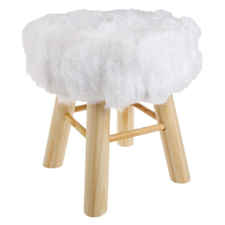 Табуретка, До 110 кг, Декоративна, 4 крачета, Седалка, Дървена рамка, Пухкава тапицерия, Дърво, Полиестер, 33х34 см, Бял