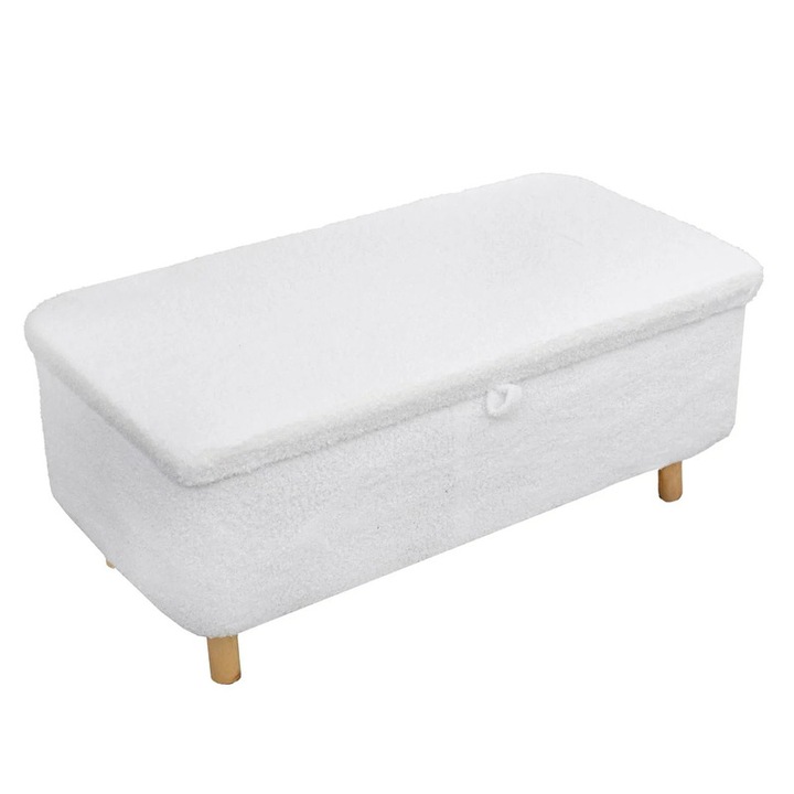 Табуретка, До 110 кг, Декоративна, Място за съхранение, Капак, 4 крачета, Седалка, Дърво, Полиестер, 90х39х48 см, Бял