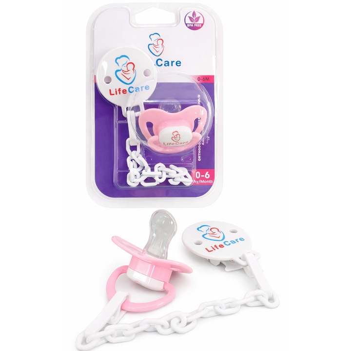 Suzetă ortodontică cu lanț Life Care 0-6 m. Culoare roz