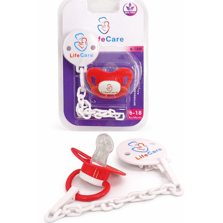 Suzetă ortodontică cu lanț Life Care 6-18 m Culoare roșie