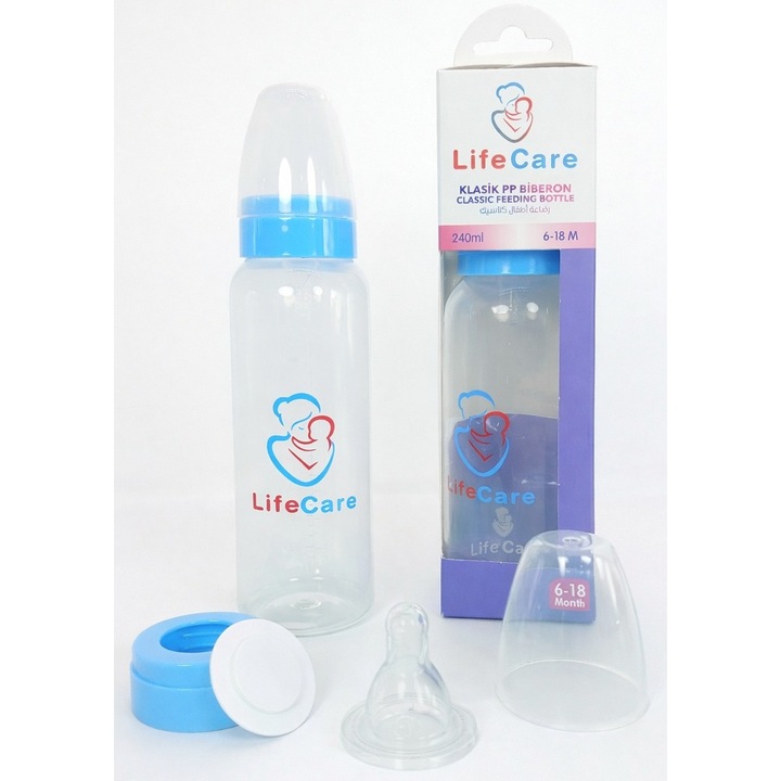 Biberon PP, cu tetină de silicon cu flux lent, 0% BPA Life Care Culoare albastru
