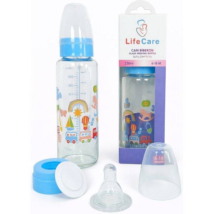 Biberon din sticlă pentru bebeluși cu tetină din silicon cu flux lent Life Care