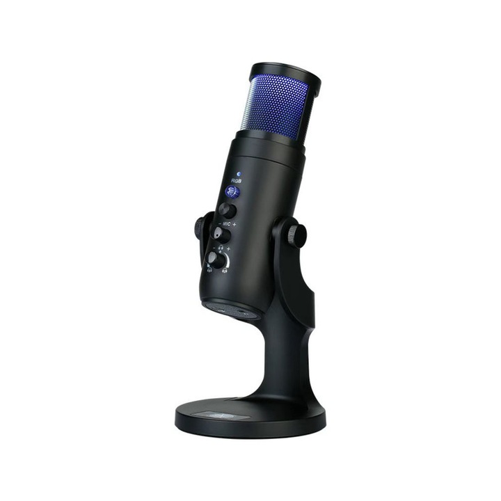 Gaming mikrofon, HYLANG®, S2, Professzionális, PC-hez, USB, Stúdió hangminőség 192kHz 24bit, DSP zajszűrés, RGB világítás, Érintésérzékeny némítás, Fekete