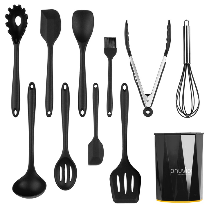 11 darabos konyhai eszkozkeszlet, premium etkezesi szilikon, pulttarto, tapadasmentes, hoallo, Elelmiszer-bioreszurs Intezet altal tanusitva, Onuvio® - Fekete