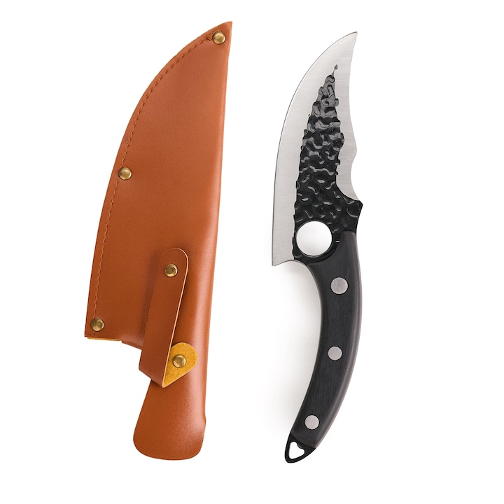 Profeszionális univerzális konyhai kés, szeleteléshez, filézéshez, aprításhoz, full tang, kovácsolt szénacél pengével, 277 mm, tok, Onuvio® - Fekete