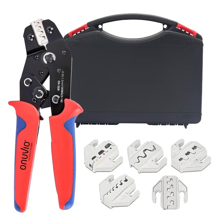 Professzionális krimpelő fogó, multifunkcionális, 5 cserélhető pofával, hordtáskával, 0,25–1,5 mm² / 23–16 AWG, Onuvio®