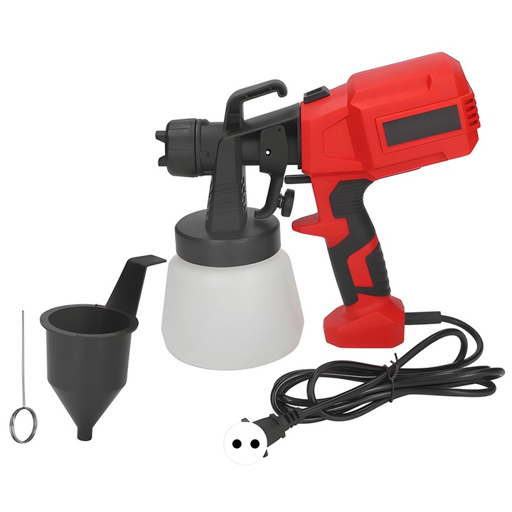 Pistol de Vopsit Electric Teno®, pulverizator de vopsea profesional, capacitate rezervor 800 ml, 4 duze, 400 W, rosu