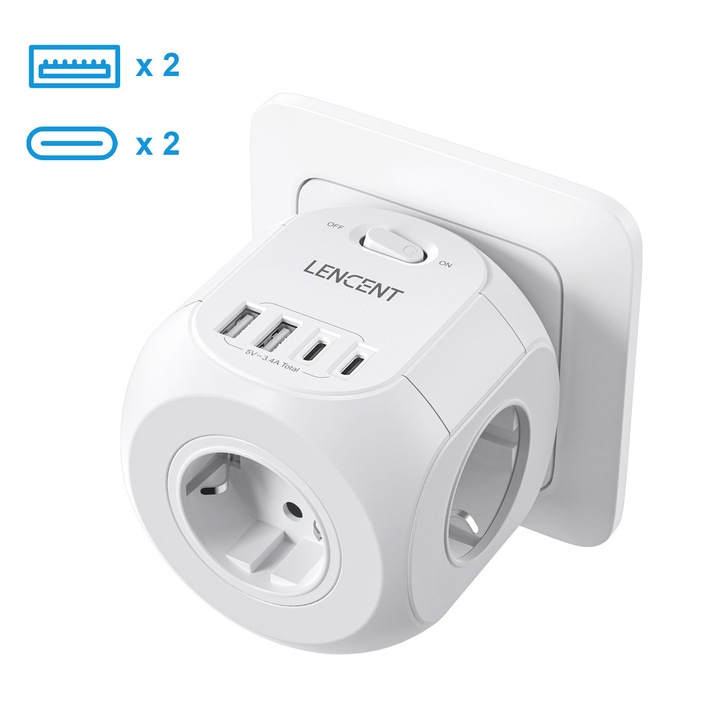 Stecher Priza Multiple, LENCENT®, Max 4000W, Compact Euro Extensie dublu Stecher, Comutator Independent, Protectie Supratensiune si Siguranta Copii, 4 Schuko+2 USB A+2 USB C, Casa, Birou Dormitor