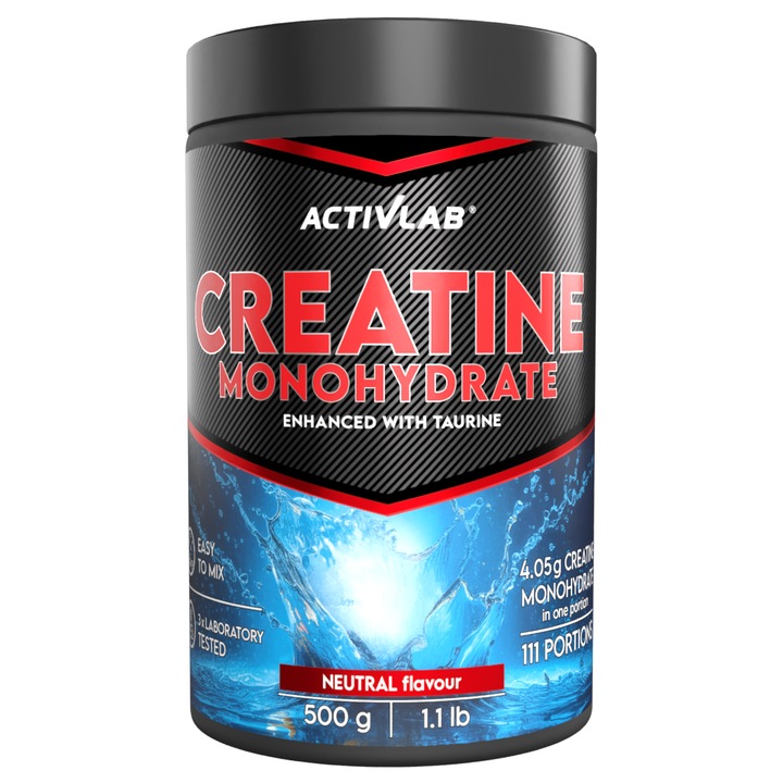 Supliment nutritiv, Activlab, Creatine Monohydrate, Creatina monohidrat cu taurina, sustine forta si energia musculara, 500 g, fara aroma