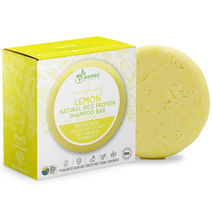 Șampon solid BAMBOEARTH cu proteine de orez și lămâie pentru păr normal, 100 g