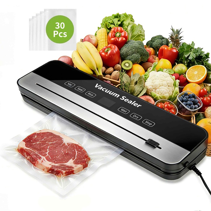 Aparat de vidat si sigilat alimente AMAS Beauty, 120W, 65kpa, 6 functii vidare umed/uscata/soft, panou de comanda tactil, 30 cm bara de lipire, Cutter Incorporat, cu 30 Pungi 20x25cm, Functie de Sigilare si Vidare Automata, Gri