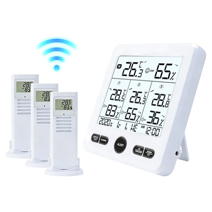 Termometru si higrometru de camera si exterior AMAS Beauty 3 senzor portabil, ecran 125x125mm, indicator comfort digital, ° C/° F, Afisaj cu Ora si Data, max/min, lumina, Setari prag alarma, Alb