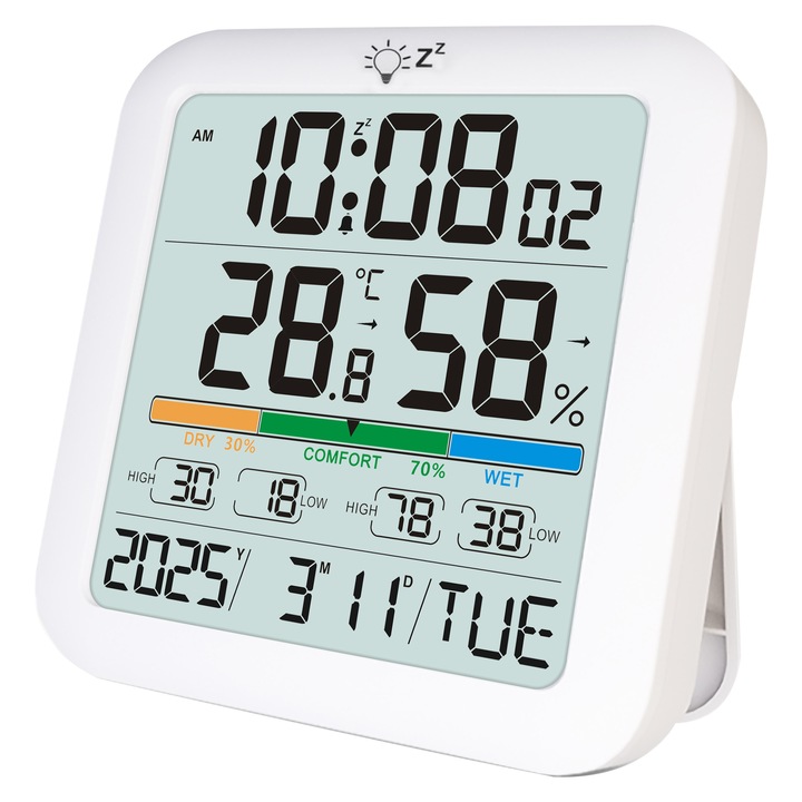 Termometru Digital si Higrometru Meteo AMAS Beauty ecran 82x82mm, indicator comfort, ceas cu alarma, ° C/° F, Afisaj cu Ora si Data, Inregistrarea max/min, lumina,3 tipuri de montare, Tendintele indica, Alb