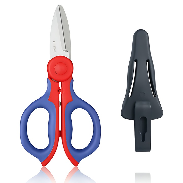 Foarfeca profesionala pentru electricieni, AODUN, functie de crimpare, 155x80mm, Albastru/Rosu, cu husa de protectie