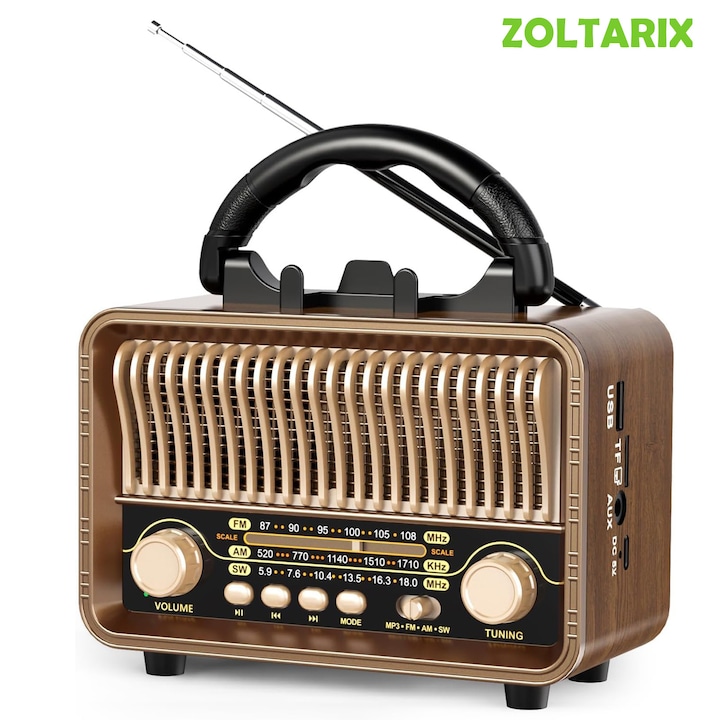 Radio portabil retro, ZOLTARIX, cu difuzor Bluetooth, AM FM SW, Baterie incorporata 1200 mAh, Reincarcabila, Suporta card TF AUX USB Player, Acasa/Exterior, Maro