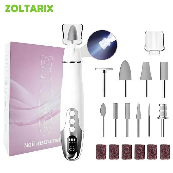 Електрическа пила за нокти, ZOLTARIX, 35000rpm, 10 скорости, 600 mAh, посока F/R, LED дисплей, с 10 накрайника за пила, 6 абразивни ленти, бяла