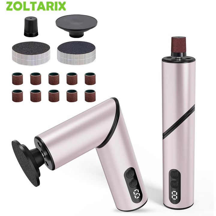 Електрическа пила за стъпала и пети, ZOLTARIX, Сгъваема, LED цифров дисплей, 4500 RPM, 9 скорости, 1800 mAh, USB зареждане, Включени аксесоари, Отстраняване на мъртва кожа и мазоли, Розова