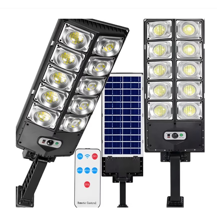 Lampa stradala solara, LED ultra-luminos, Golxmse W789A-5, grad de protectie IP65, rotatie 180°, 3 moduri de iluminare, baterie 4500mAh, cu senzor de miscare, material ABS, neagra