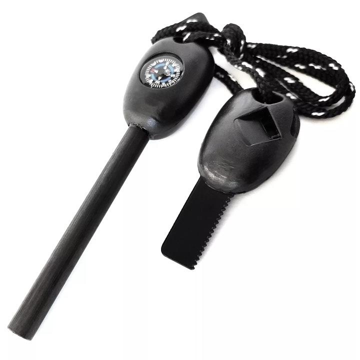 Aprinzător cu magneziu pentru foc, amnar cu fluier și busolă, negru