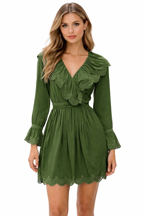 Rochie scurtă de damă Karen Millen 5713514-0 16121-4, Design cu volane, Viscoză, Bumbac, 34 EU, UK 6, XS, Kaki