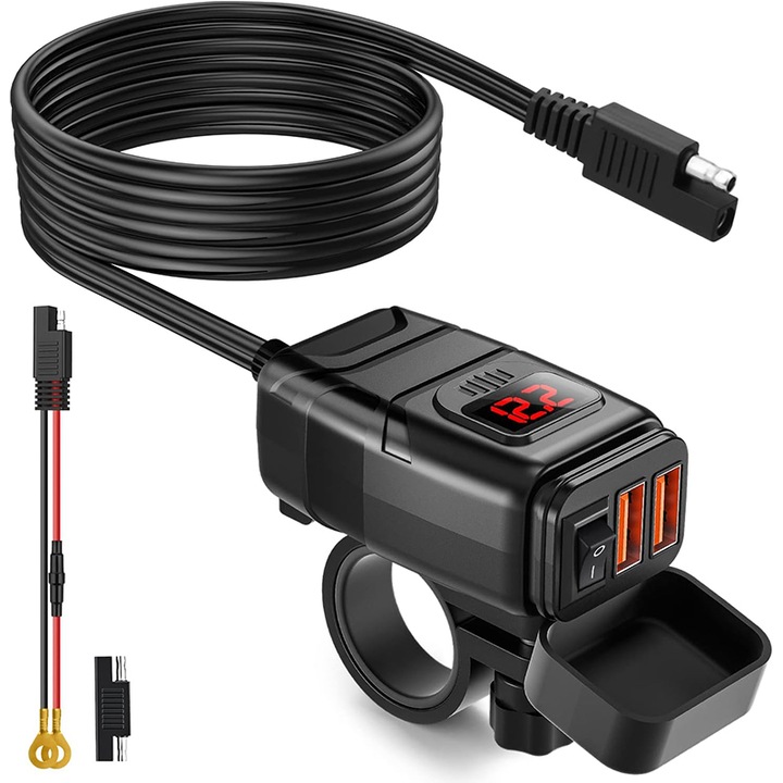 Incarcator USB pentru motocicleta, Rqiurpn, dual port, cu voltmetru si comutator ON/OFF, 5V 3.4A, montare pe ghidon, 12V-24V, pentru Masina, motocicleta, SUV, IPAD