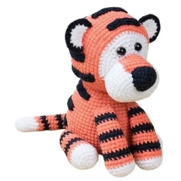 Ръчно плетена играчка на една кука, Тигър "Малкият Изследовател", тип Амигуруми, 17 см, Оранжев с черни райета