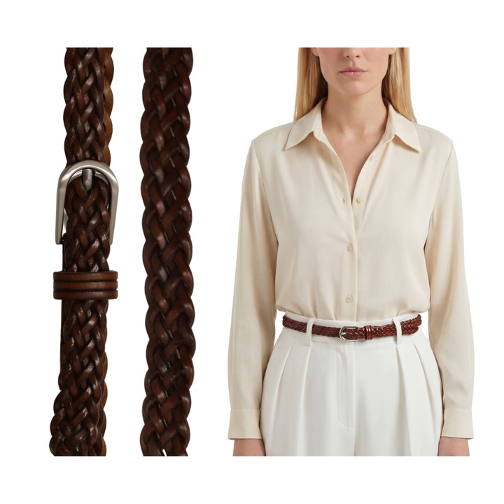 Női vékony fonott bőr öv R007 105 cm konyak