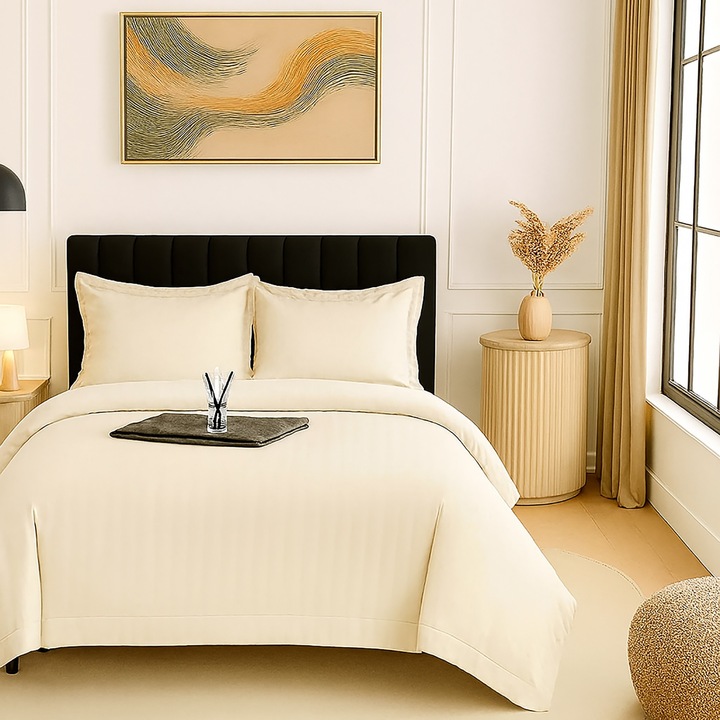 Damaszkusz Polycotton XXL ágynemű - Szuper ár, lepedő 230x260 cm, paplan 200x230 cm, 2 párnahuzat 50x70 cm, elefántcsont fehér