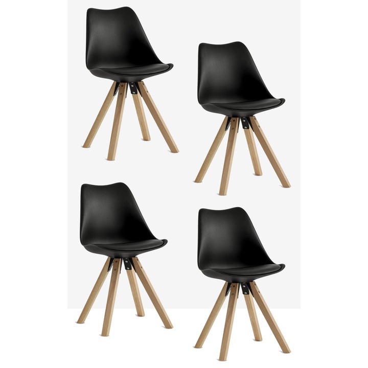 Комплект 4 стола за кухня Димка, Furniture Consulting, Натурални дървени крака, Черен