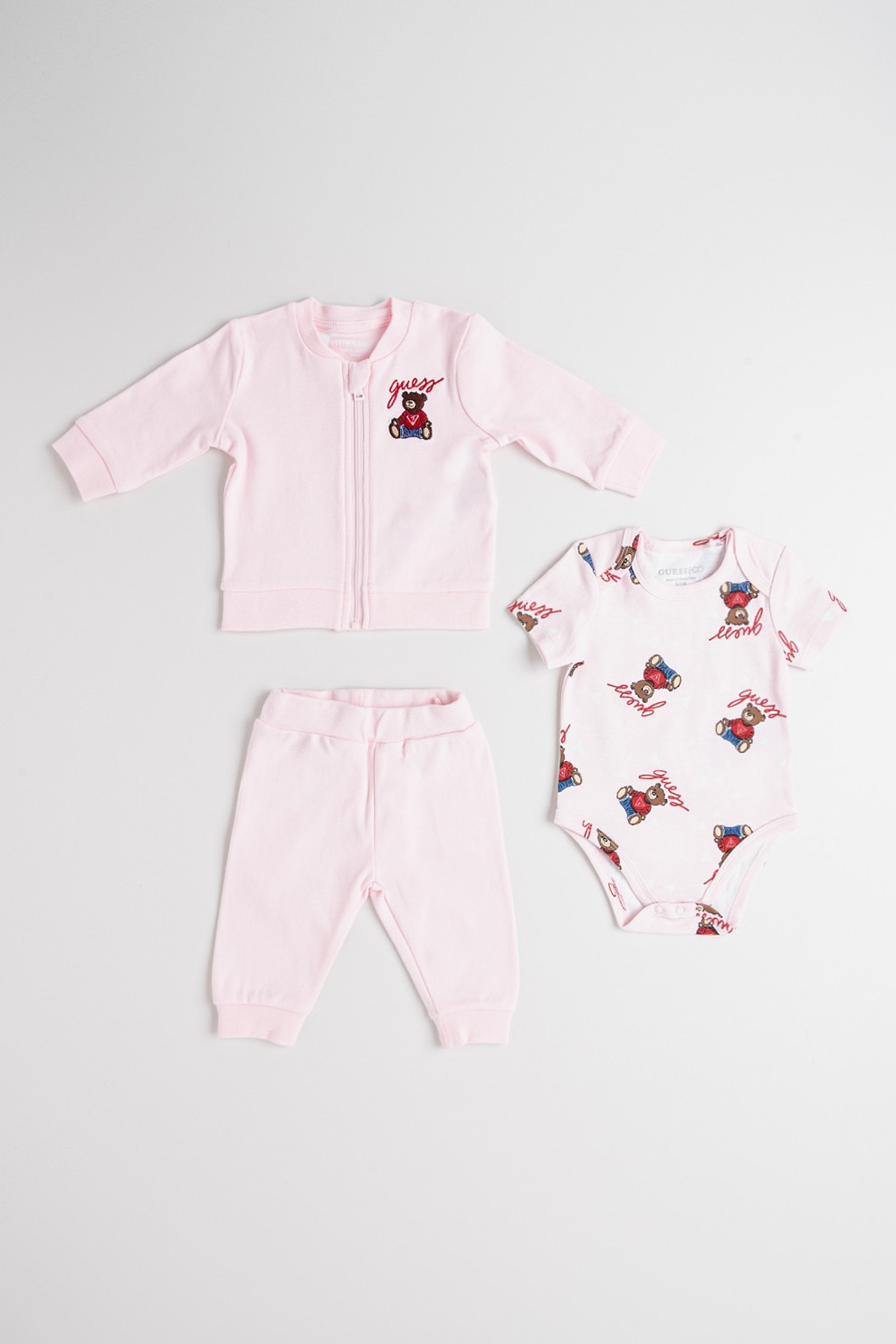 GUESS KIDS, Set de body, bluza de trening si pantaloni cu imprimeu - 3 piese, Rosu, Roz pastel, 62-68 CM