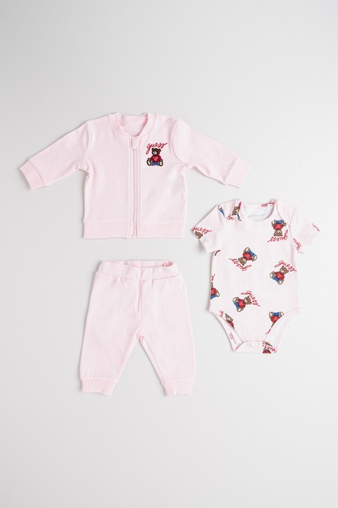 GUESS KIDS, Set de body, bluza de trening si pantaloni cu imprimeu - 3 piese, Rosu/Roz pastel