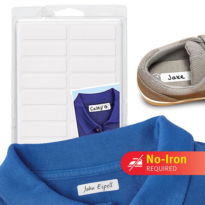 Етикети с имена, 100 броя/комплект, самозалепващи, 50x15 мм, водоустойчиви и устойчиви на пране в машина, не се отлепват лесно, екологични и щадящи кожата, приложими върху артикули като дрехи/обувки, за деца