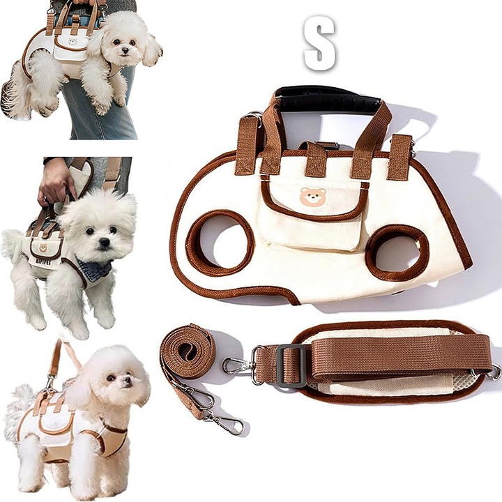 Set Ham Si Lesa Pentru Caine, 4 in 1, alba ( Marime S ), Vesta tactica cu ham pentru caini de talie mica, Set ham, fara tragere, cu maner, Ham ajustabil, cu lesa de caine de 1, 5 metri pentru plimbari, Batran, ranit, drumetii, dresaj