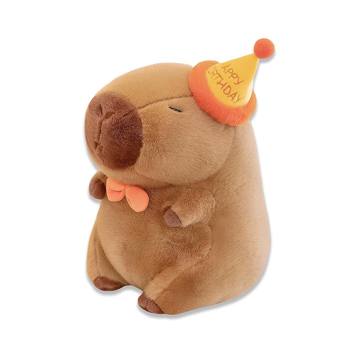 Jucarie de plus Capibara, AjieQaQ®，Jucarie de plus moale in forma de animal, cu palarie de aniversare, jucarie moale cu tematica de aniversare, fabricata din materiale sigure pentru copii, cadoul perfect atat pentru copii, cat si pentru adulti, maro，25 cm
