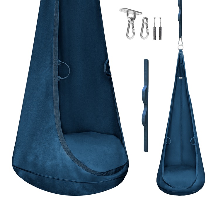 MAMOI® Cocoon suspendat din material velvet cu perna si carlig, scaun suspendat elegant pentru casa, fotoliu velvet moale pentru relaxare cu manere, constructie Premium rezistenta, capacitate 70 kg