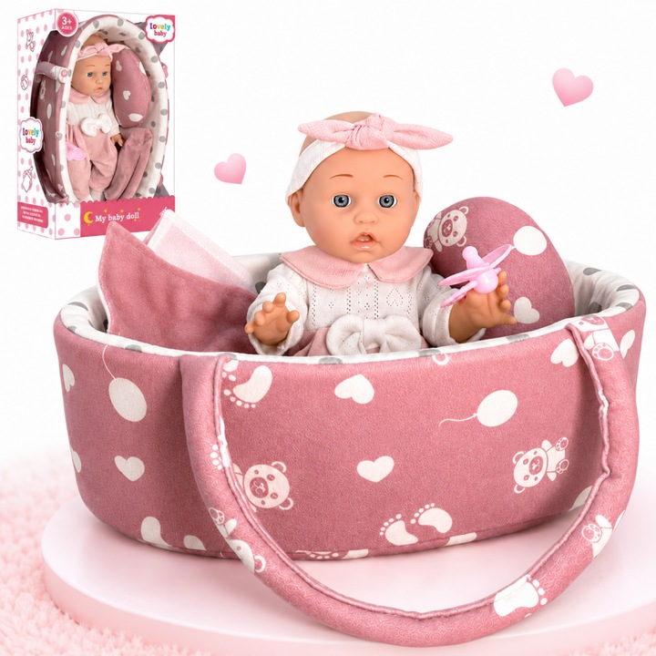 Papusa Bebelus cu Cosulet, Suzeta, AjieQaQ®, 30 cm, Material vinil, Aspect realist, cu hainute detasabile, Un cadou bun pentru ziua de nastere a copilului dvs, Craciun sau alte sarbatori, pentru copii 1 ani +, Multicolor