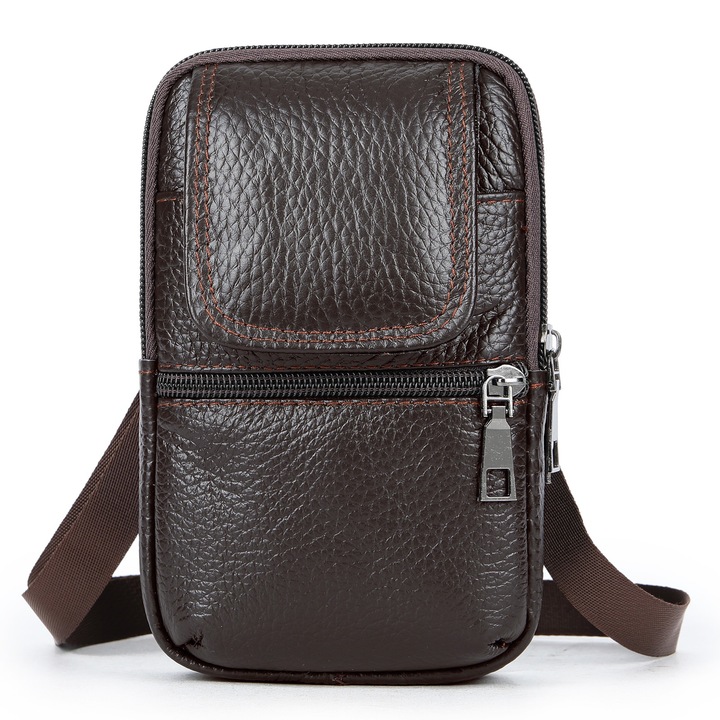 Férfi Válltáska és Övtáska, Valódi Bőrből, IMODIX®, 4 Rekesz, Méretei 17.5 x 10.5 x 4 cm, 7488-as Modell, Kávébarna